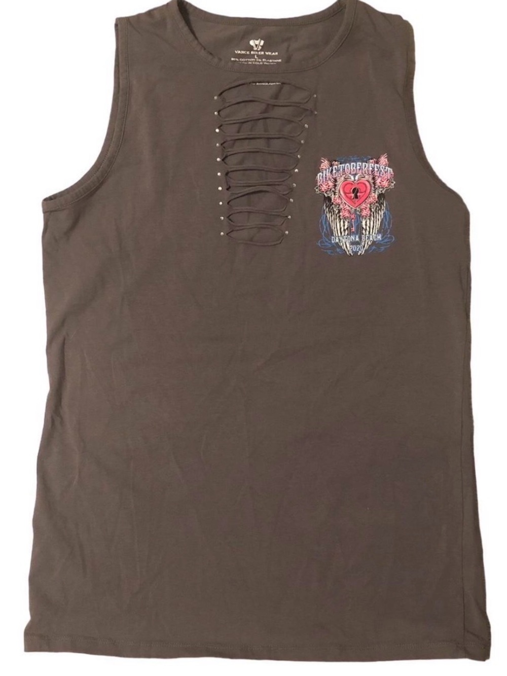 Sleeveless Lace-Up Brown Tank Top with Heart Graphic